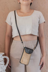 *dimensions needed* Nia Leather and Rattan Phone Sling Crossbody Bags Village Thrive Black 