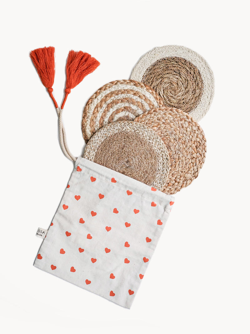 Jute and Seagrass Trivet Gift Set Trivets Korissa Heart Pouch 