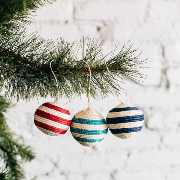 Striped Woven Ball Ornament - Black + Natural Featured Azizi Life 