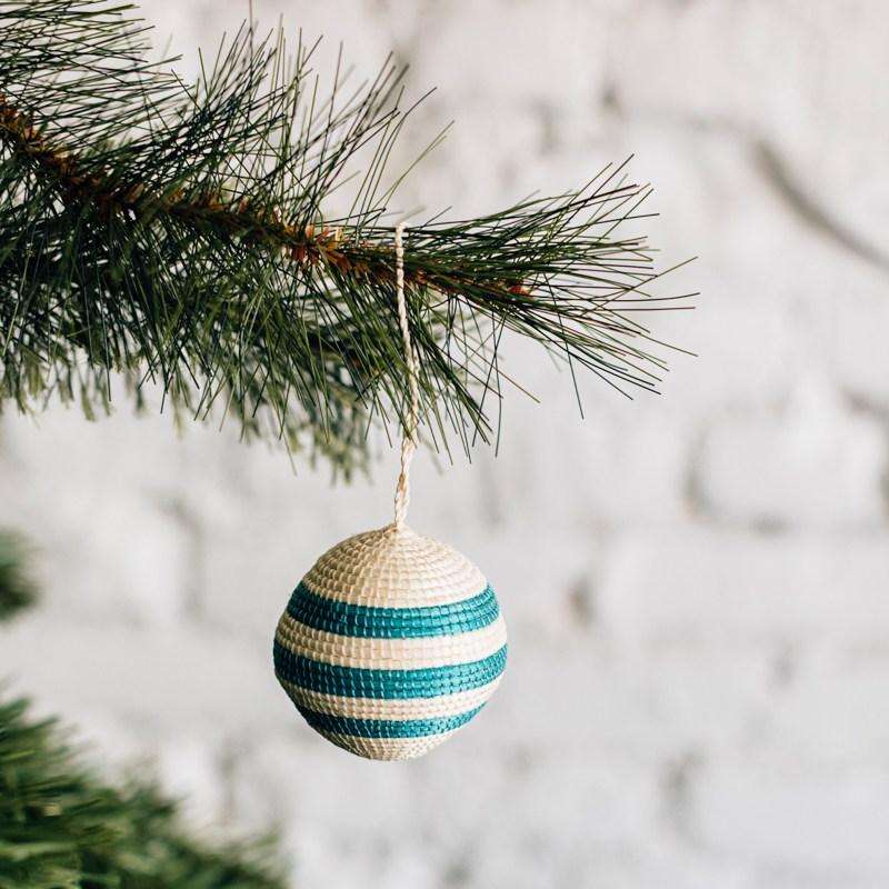 Striped Woven Ball Ornament - Emerald Green Featured Azizi Life 